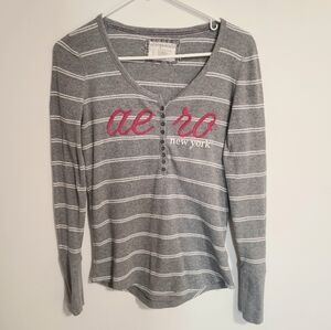Y2K Aeropostale Henley Shirt Striped Button Down Ribbed Long Sleeves Gray Pink